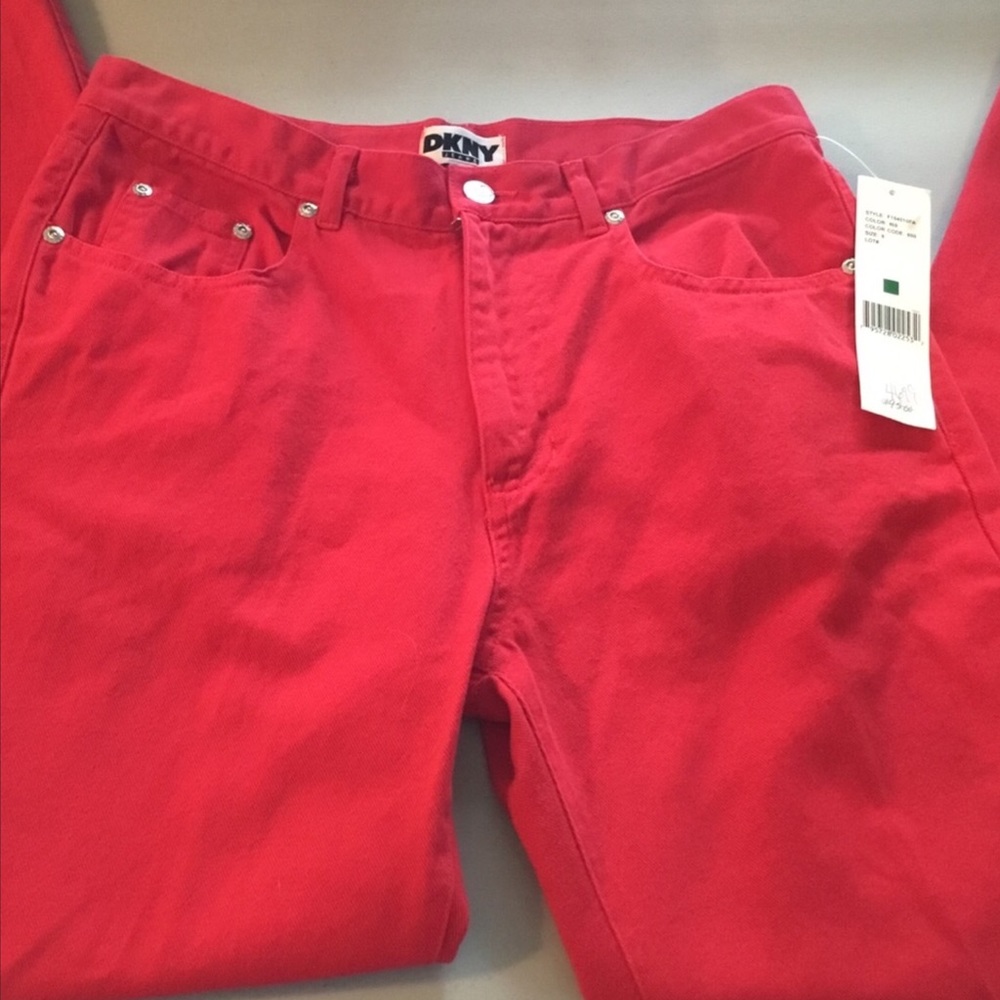 DNKY Red Straight Leg Jeans. 15.5” across front of waist; 10” rise ; 31” inseam